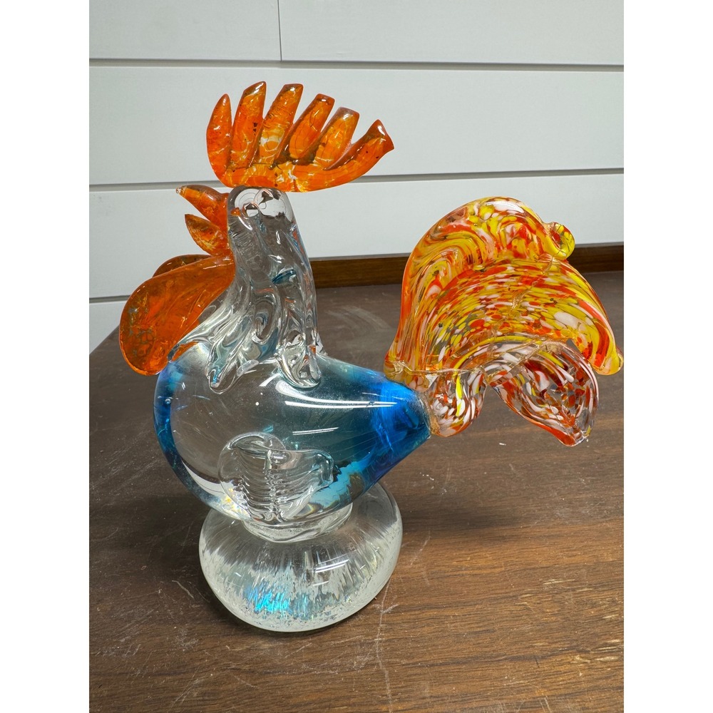 Vintage Hand Blown Art Glass Rooster Figurine Orange Blue Yellow Repaired Tail